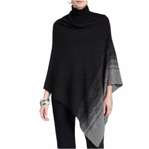 Eileen Fisher Woman Supersoft Yak Silk Merino Ombre Stripe Poncho Black Grey